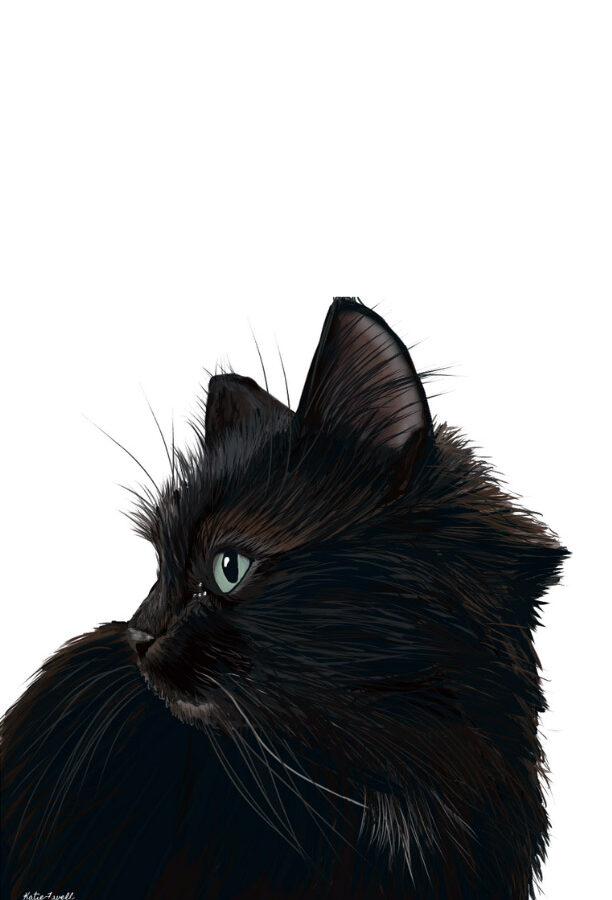 A digital illustration of a black cat facing left.