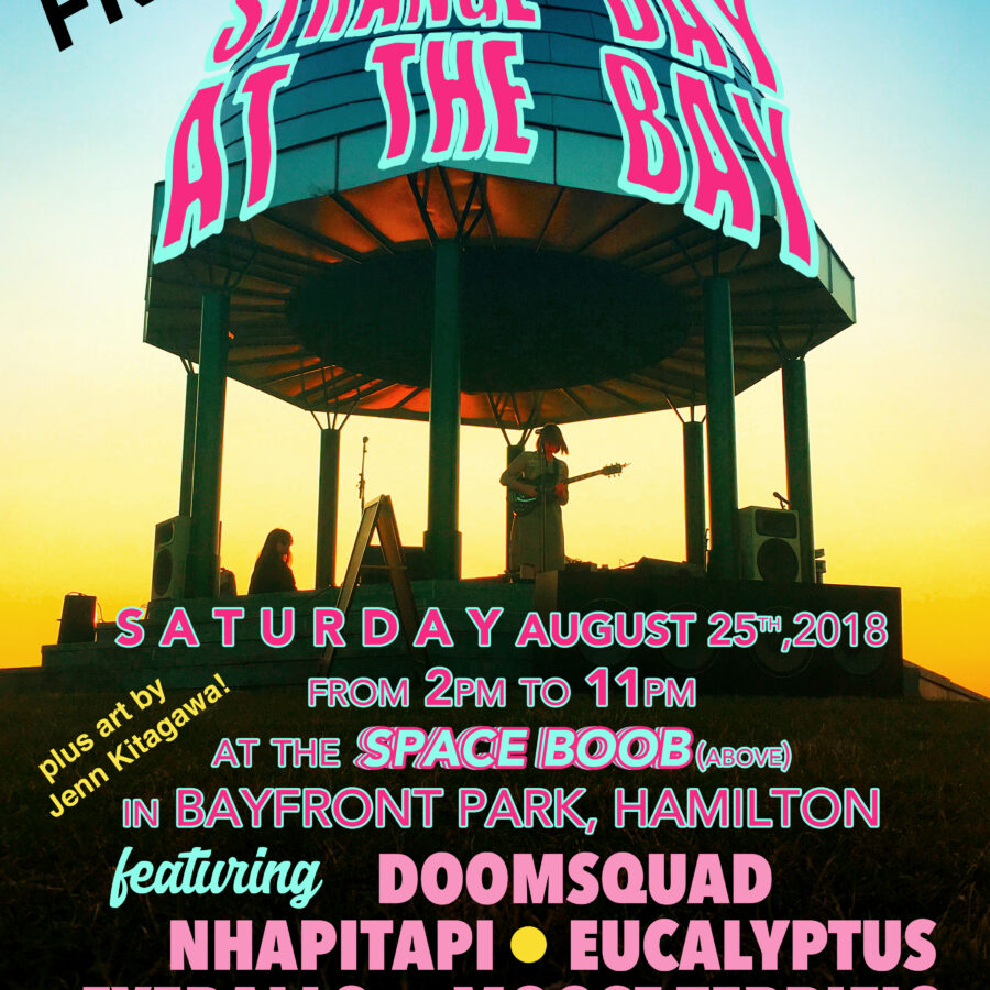 Strange Day at the Bay 2018 flyer featuring the silhouette of the space boob at sunset