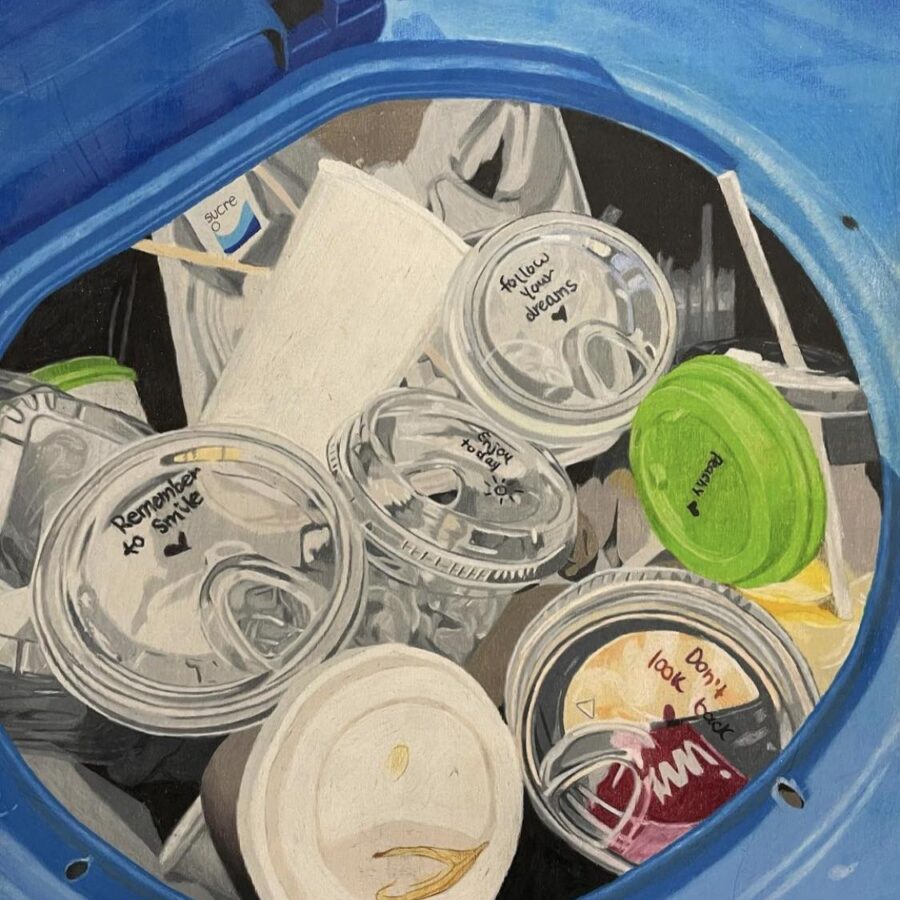 Positive Garbage, 2023, coloured pencil on wood panel, 11x14