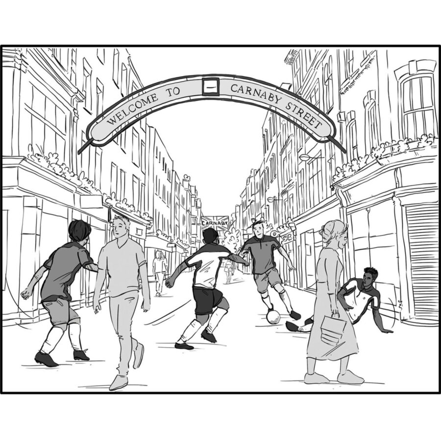  Explore captivating concept illustrations for Ben Sherman's 'Sport Meets Street' campaign, featuring urban athletes playing European football on Carnaby Street, London, UK