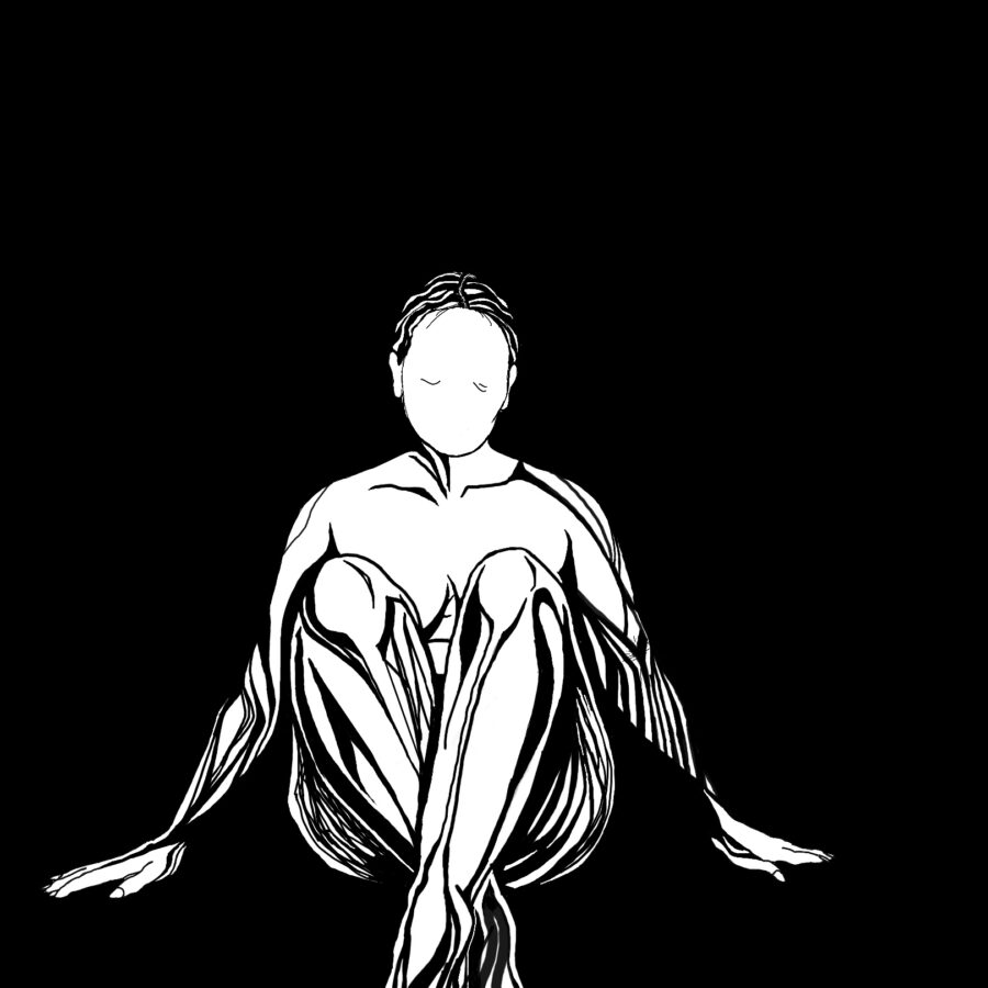 Digital drawing in black and white showing a figure sitting down, facing forward with their knees crossed in front of their body, with their knees covering a majority of their chest. Their shoulders are wide and open, their arms extended straight out touching the ground. They are drawn using black lines, creating vine like lines to outline their shape.