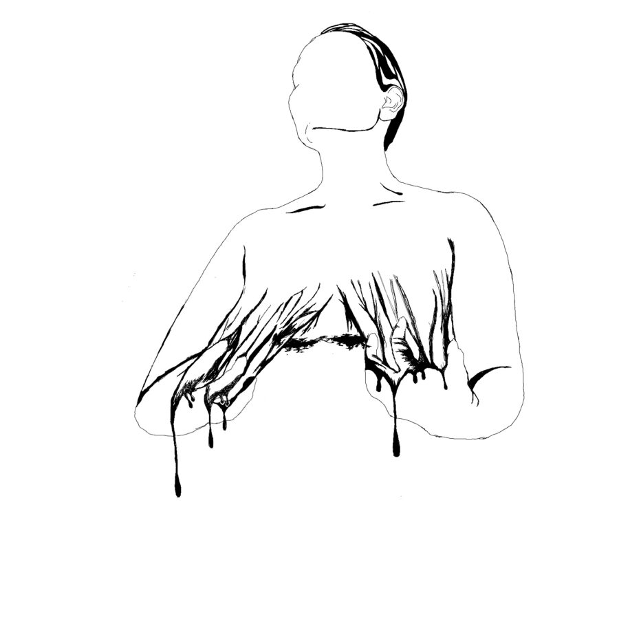 A black and white digital drawing showing a figure facing slightly upwards and ripping their breasts off. The breasts are held in their hands and dripping down between their fingers. The rest of their body is not drawn. They are drawn using black lines, creating vine like lines to outline their shape.