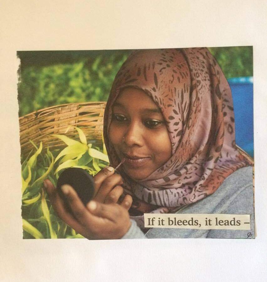 Collage showing a Muslim woman putting on makeup looking into a small compact. Behind her is a basket full of vegetables and other assorted plants. In the bottom right corner, the text reads “if it bleeds, it leads -“