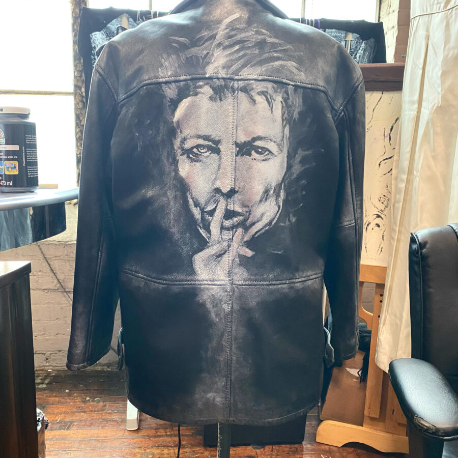 Hand painted Leather Coat - Silver acrylic paint on black leather