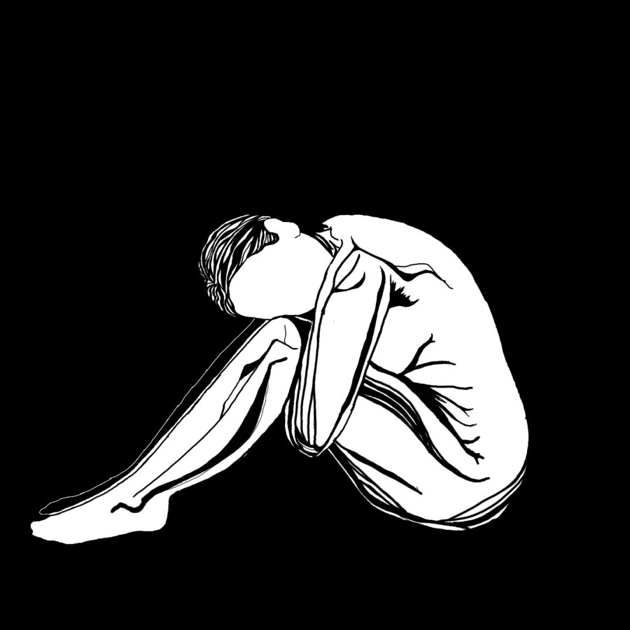Digital drawing in black and white showing a figure sitting with their arms wrapped around their knees and their head resting on their knees. They are drawn using black lines, creating vine like lines to outline their shape.