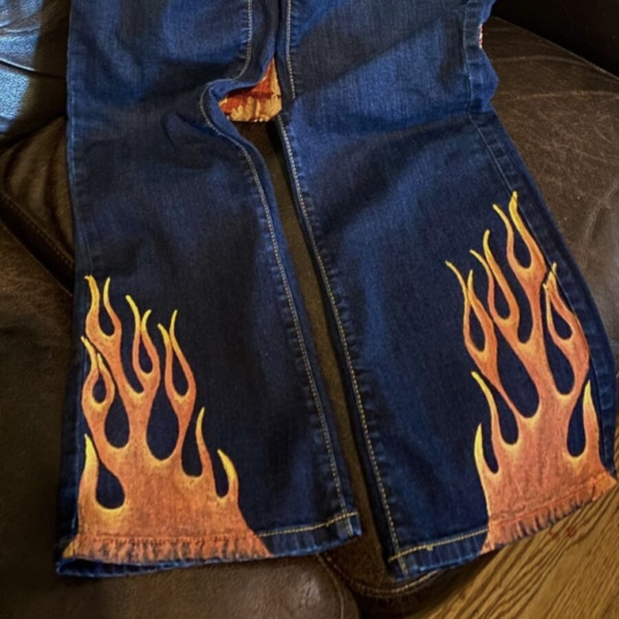 Hand painted Denim Jeans in acrylic fabric paint.