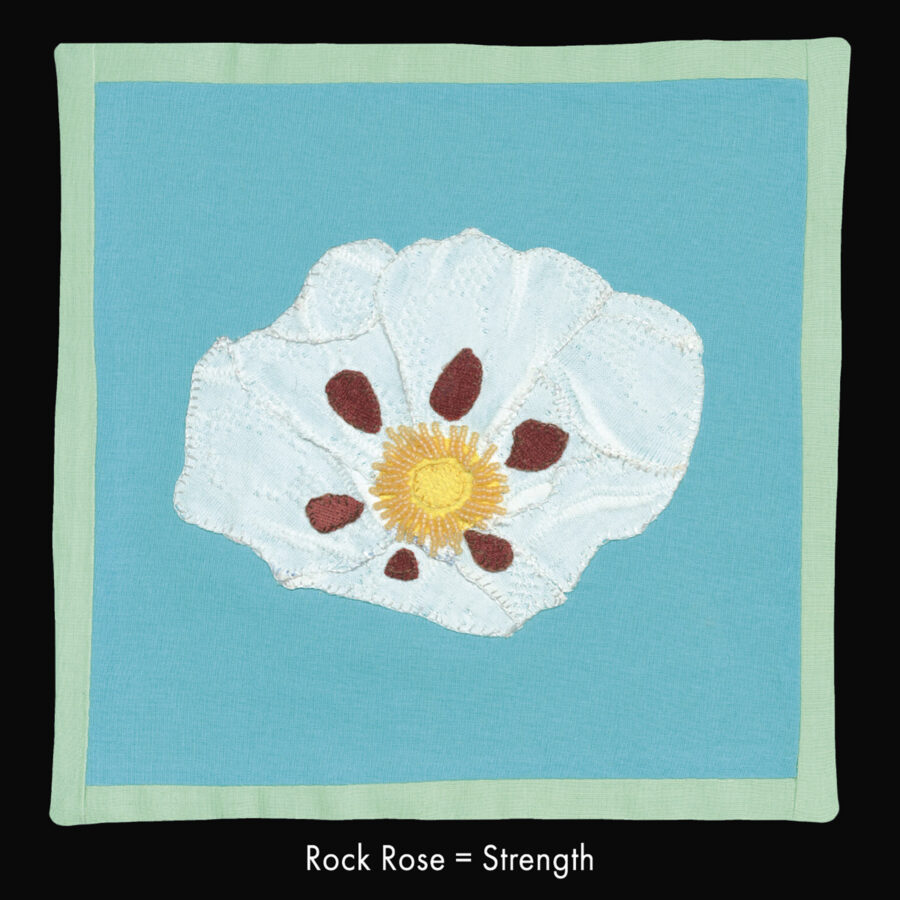 Flower Language Puzzle Series: Rock Rose = Strength, cotton, upholstery fabric, beads, embroidery thread, 2023
