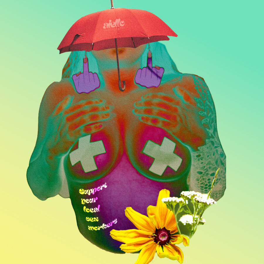 Photo collage of a topless person, a red umbrella as a head and flowers, with text reading 