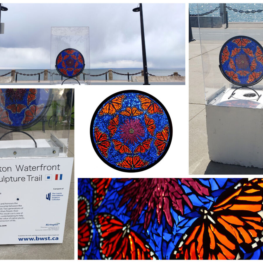 This piece titled Monarch Dance was the first in a series of Biodiversity Themed Mosaics I created for the Burlington Waterfront Sculpture Trail tour in Spencer Smith Park, Burlington Ontario in June 2024.  It is now in private collection in Burlington.