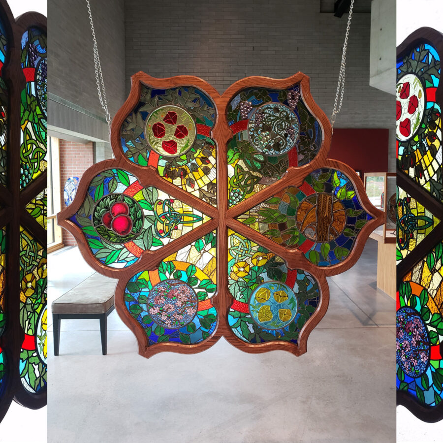 This was a collaborative piece 3 years in the making from design, fabrication to displaying at the Canadian Clay and Glass Gallery in Waterloo.  Each of us 5 artists in AGOG created a section for this magnificent Rose Window titled Hope Grows.