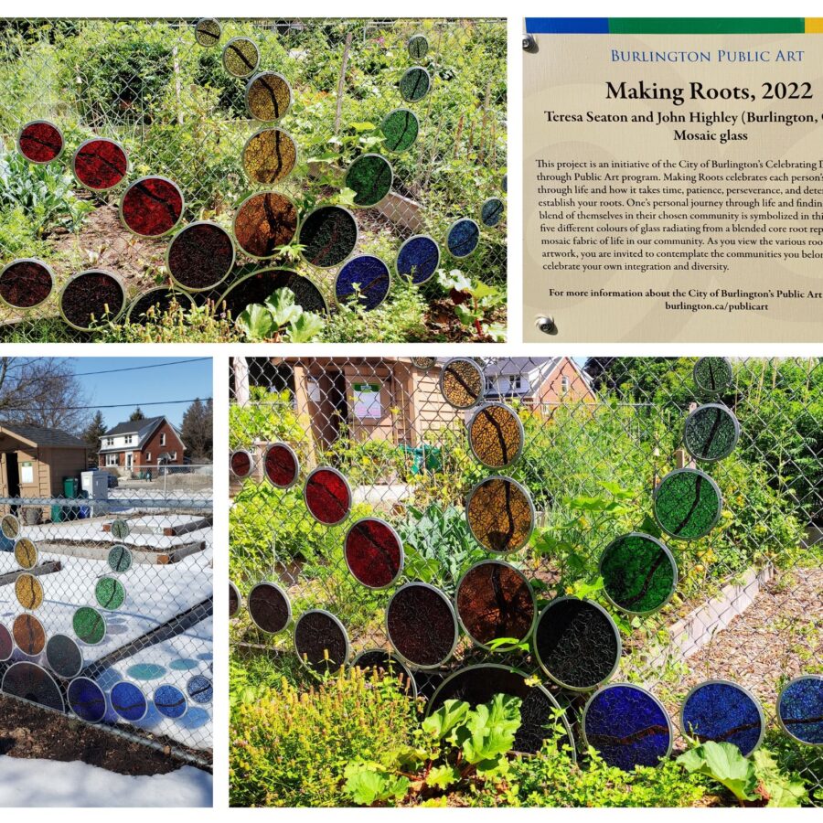 This is a collage of an outdoor Public Art piece titled Making Roots  that I designed and created with local glass colleague and friend, Teresa Seaton.  It is on display permanently outdoors in Maple Park in Burlington Ontario.