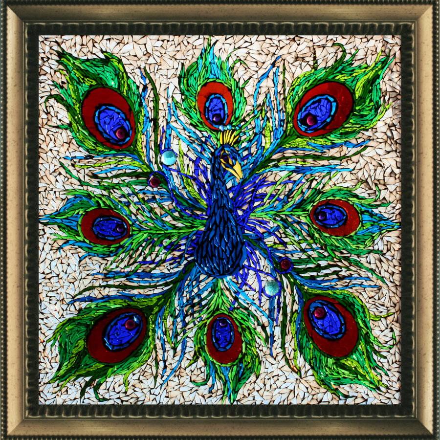 Peacock was a personal challenge I gave myself to create the most detailed mosaic I have made to date.  I chose an abstract geometric Rose Window design to accompany a show I was doing at the Canadian Clay and Glass Gallery.