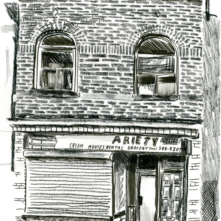 637 King Street East, Hamilton, Ontario - Former Abandoned Variety Store, still standing, Ink and crayon on paper