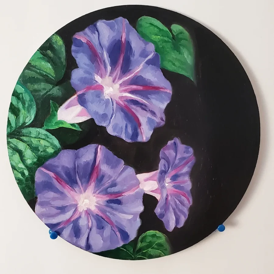 Oil painting of purple morning glory flowers