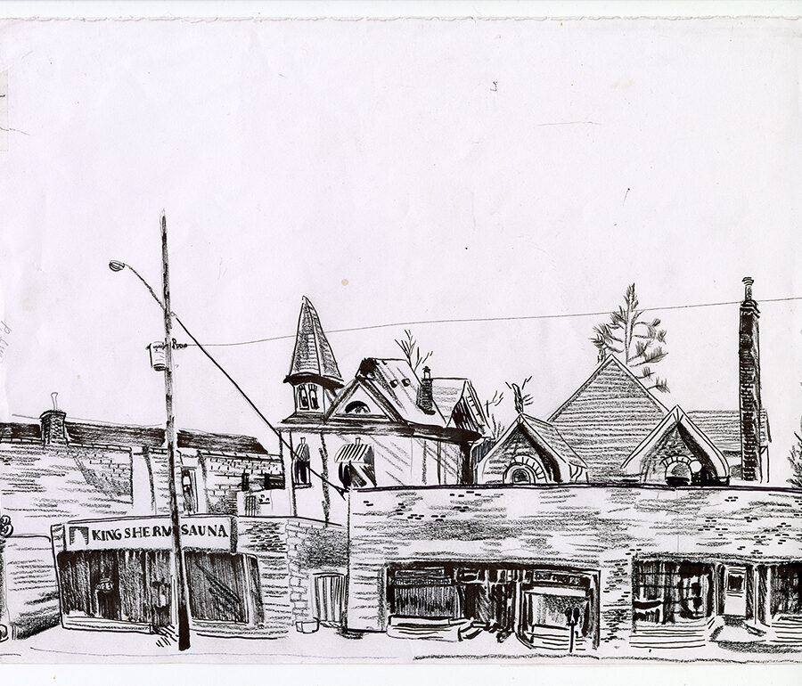 893 King Street East, Hamilton, Ontario - Demolished for LRT construction, Ink and crayon on paper